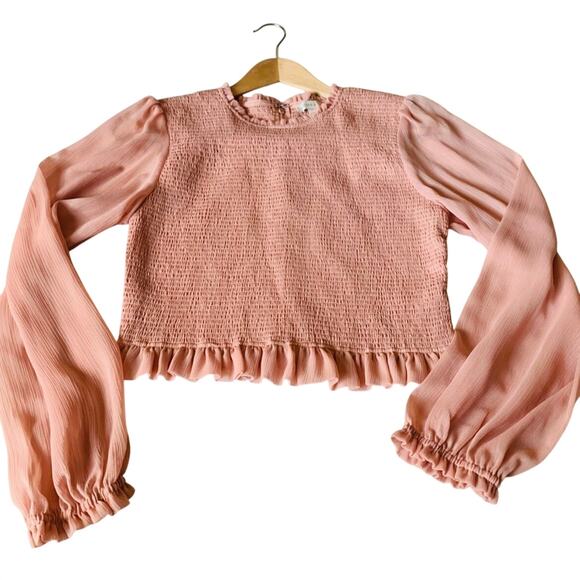 Chelsea & Violet Blush Smocked Textured Top, Feminine Ruffles Sheer Long Sleeves - Picture 2 of 8